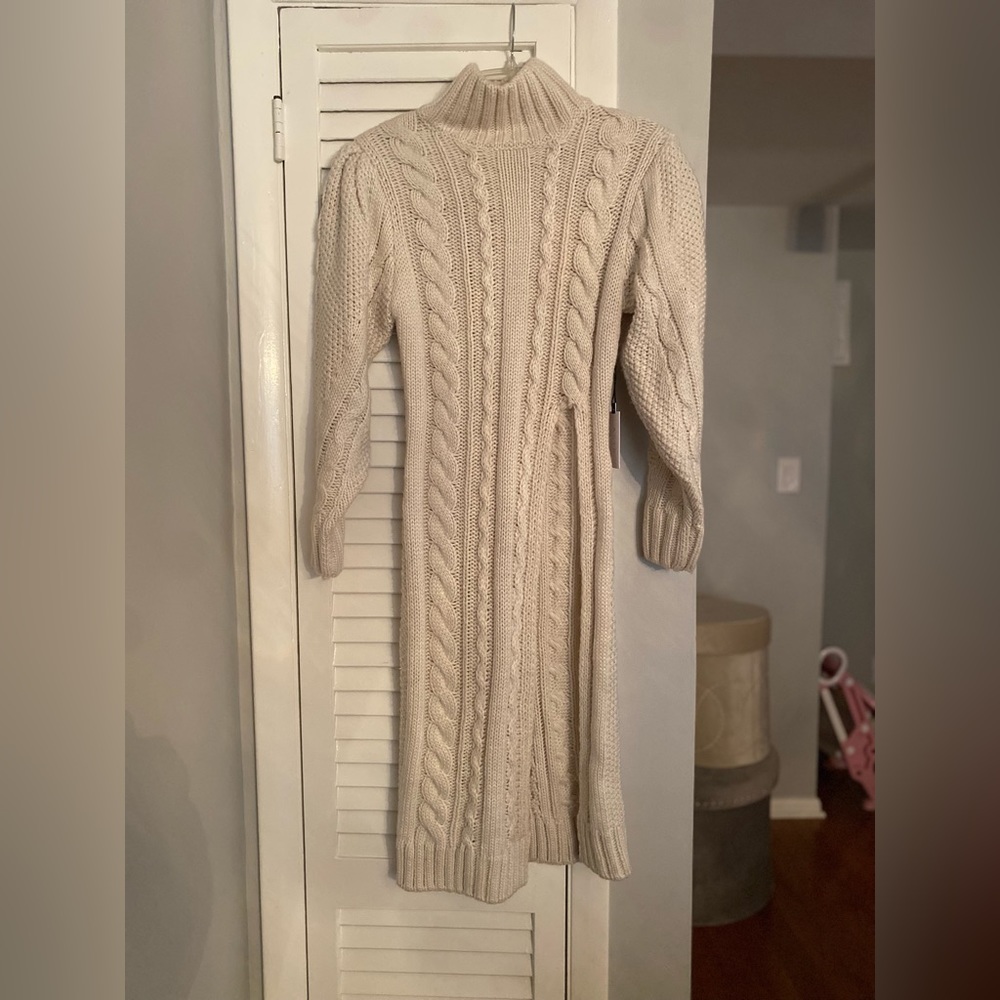 ASTR the Label Evangelina Cable Stitch High Slit Turtleneck Sweater - Size Small